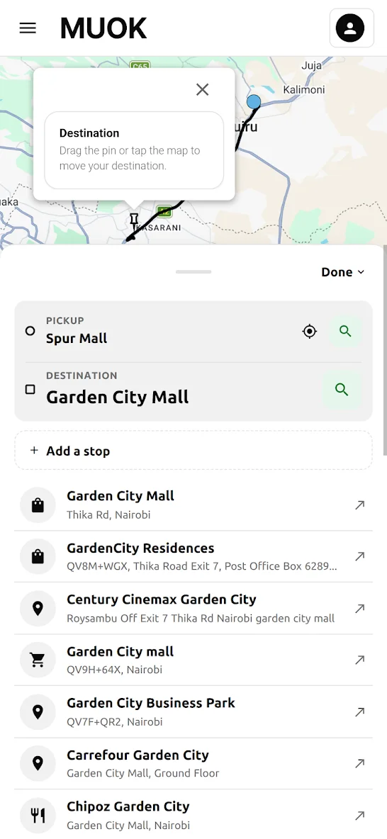 Muok app: set a pickup and destination on the map