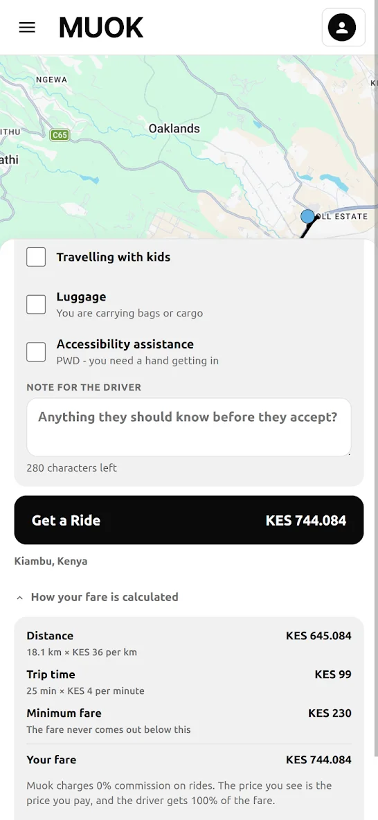 Muok app: itemised fare showing 0% commission