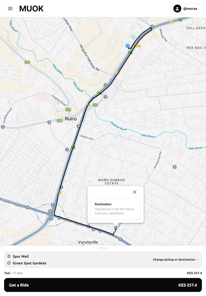 Live trip map in the Muok app with route and driver position